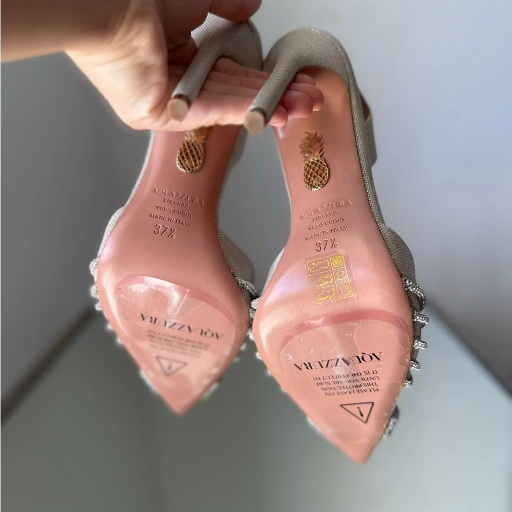 New AQUAZZURA Gatsby 105 crystal-embellished metallic canvas slingback pumps - Picture 8 of 13